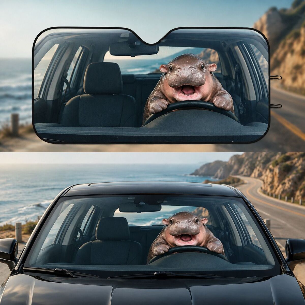 Funny Baby Hippo Driving Car Sun Shade Funny Baby Hippo Driving Car Sun Shade
