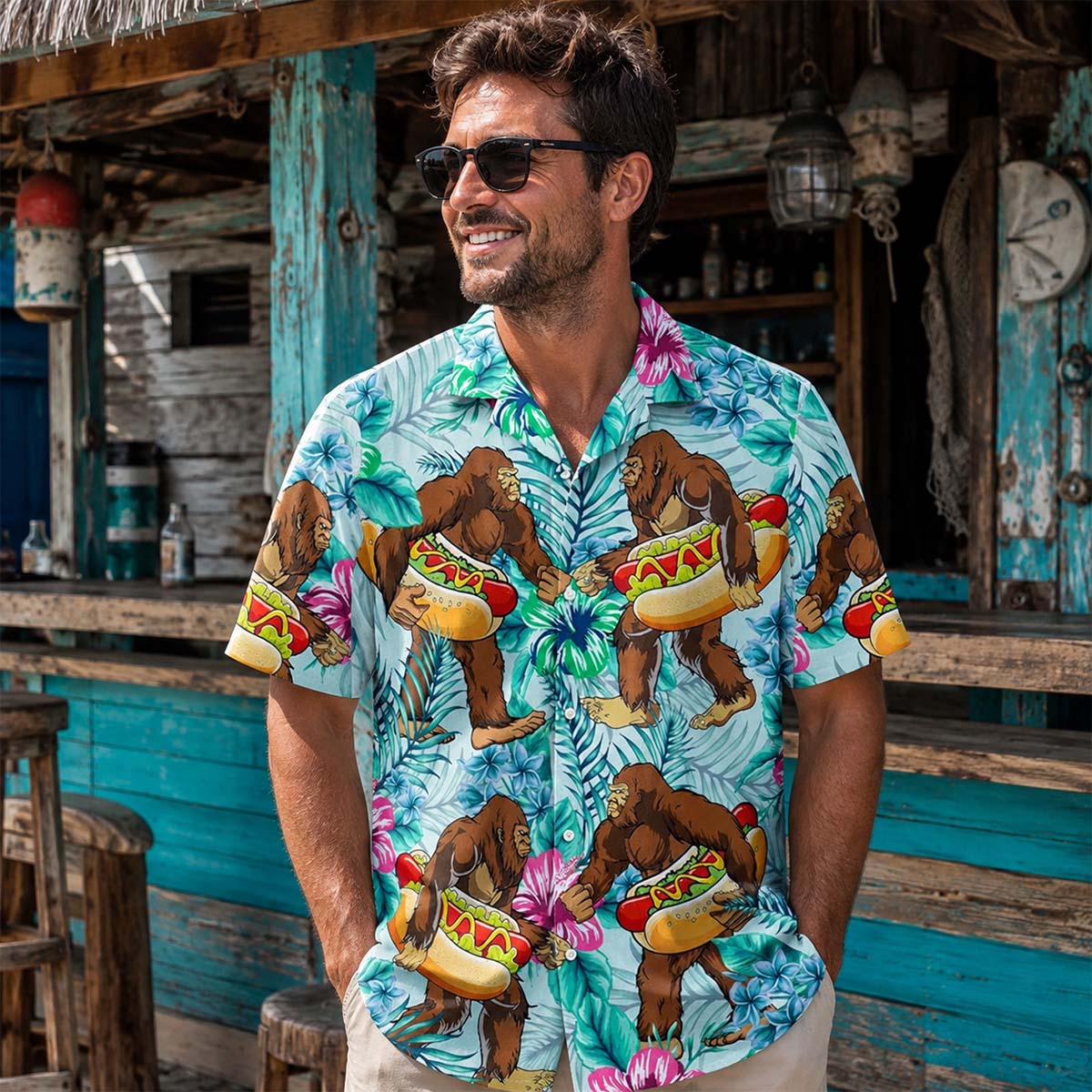 Funny Bigfoot Hot Dog Tropical Hawaiian Shirt Funny Bigfoot Hot Dog Tropical Hawaiian Shirt